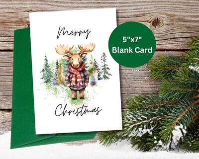 Christmas Moose Card, Moose in Plaid Christmas Card, Moose in Woods Christmas Card, Watercolor Moose Christmas Card,Plaid Moose Holiday Card - image1